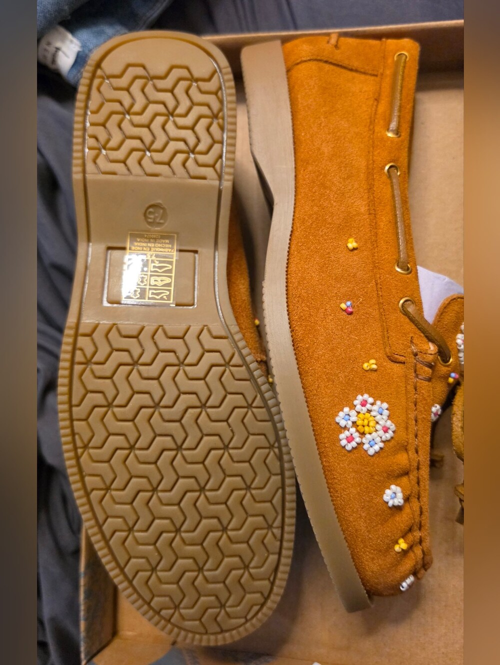 Free People Suede Moccasin Loafers with Floral Bead Detail - Tan - Picture 3 of 4